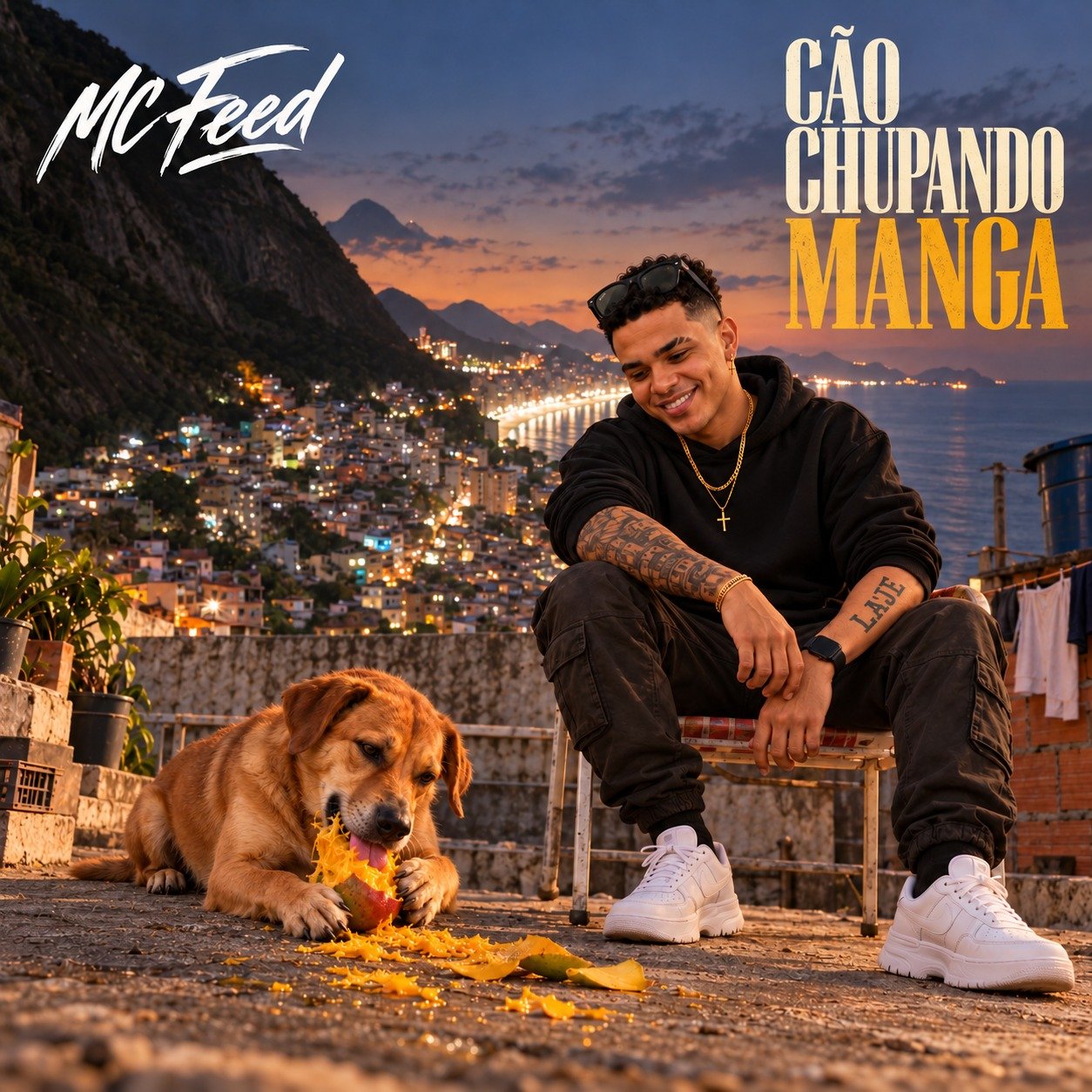 Capa de Cão Chupando Manga com MC Feed e Terror comendo manga na laje do Vidigal ao pôr do sol